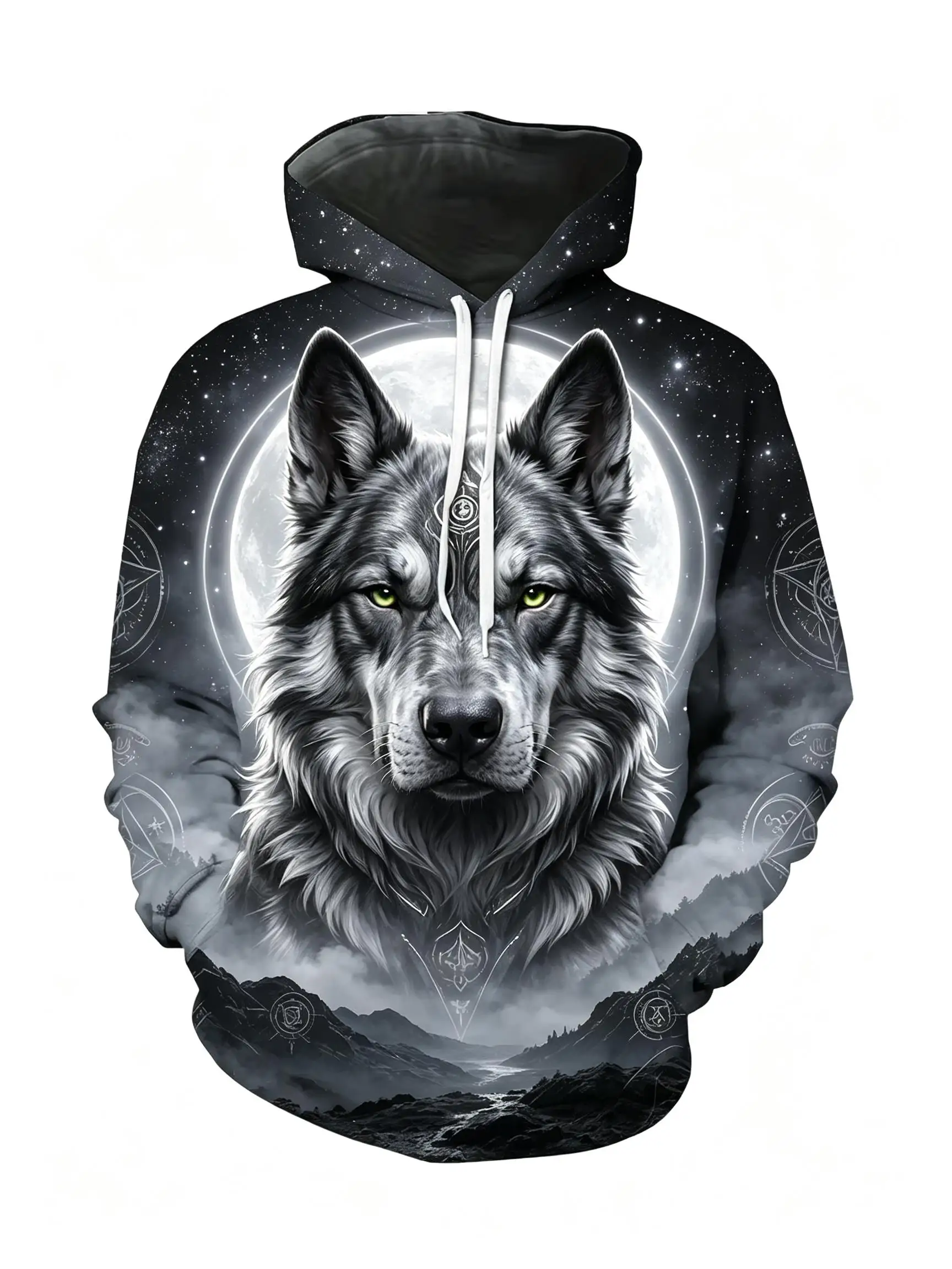 2026 Men's Hoodie thin Autumn Winter Galaxy Magic Wolf Cosmic Star Circle Full Print Hooded Pullover Streetwear Clothes