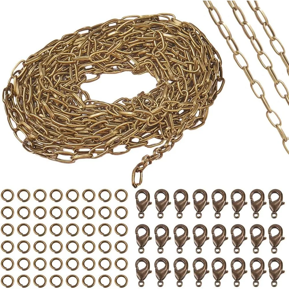 16.4Feet/ 5m Antique Bronze Curb Cable Chain Link Necklace Paperclip Chain Large 20Pcs Brass Lobster Claw Clasps 50Pcs Brass