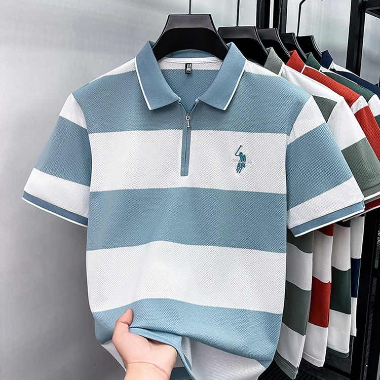 Modisches gestreiftes, farblich abgesetztes Kurzarm-Poloshirt für Herren High-End-Marke Pony-Stickerei Sommer, Golf, Freizeit, neues T-Shirt mit halbem Reißverschluss – Detail 3