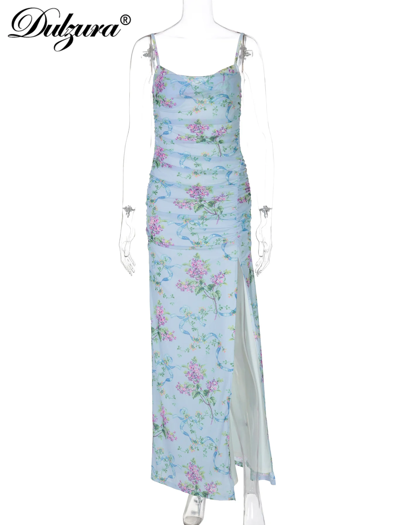 Dulzura Sleeveless Backless Bodycon Ruched Side Slit Zipper Floral Print Cami Maxi Dress Sexy Elegant Long Dress Party Clubwear