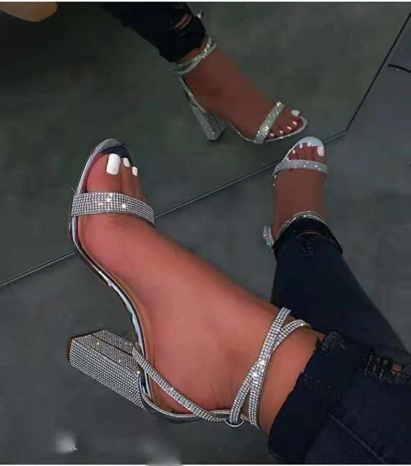 Damenschuhe mit hohen Absätzen, Strass, dicke Absätze, Damensandalen, High Heels, Schnallenriemenschuhe, Damen, große Größe 43