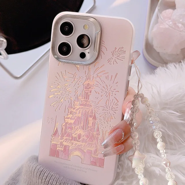 Etui na telefon Pink Glitter Castle ze smyczą do iPhone'a 15 14 13 12 Pro Max Plus Princess Fairytale Phone Case Cover