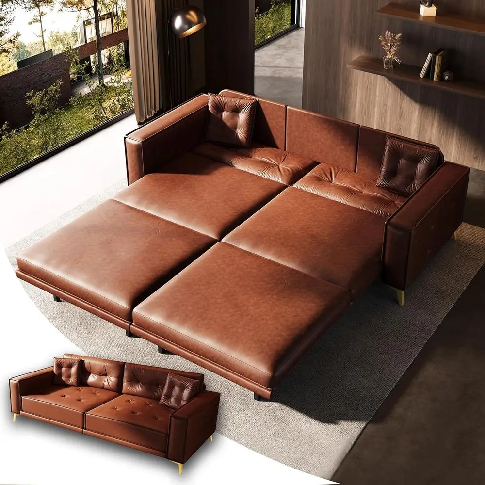 

Convertible 3-in-1 Leather Sleeper Sofa with Tufted Back, 2 Pillows, Gold Legs, Light Brown