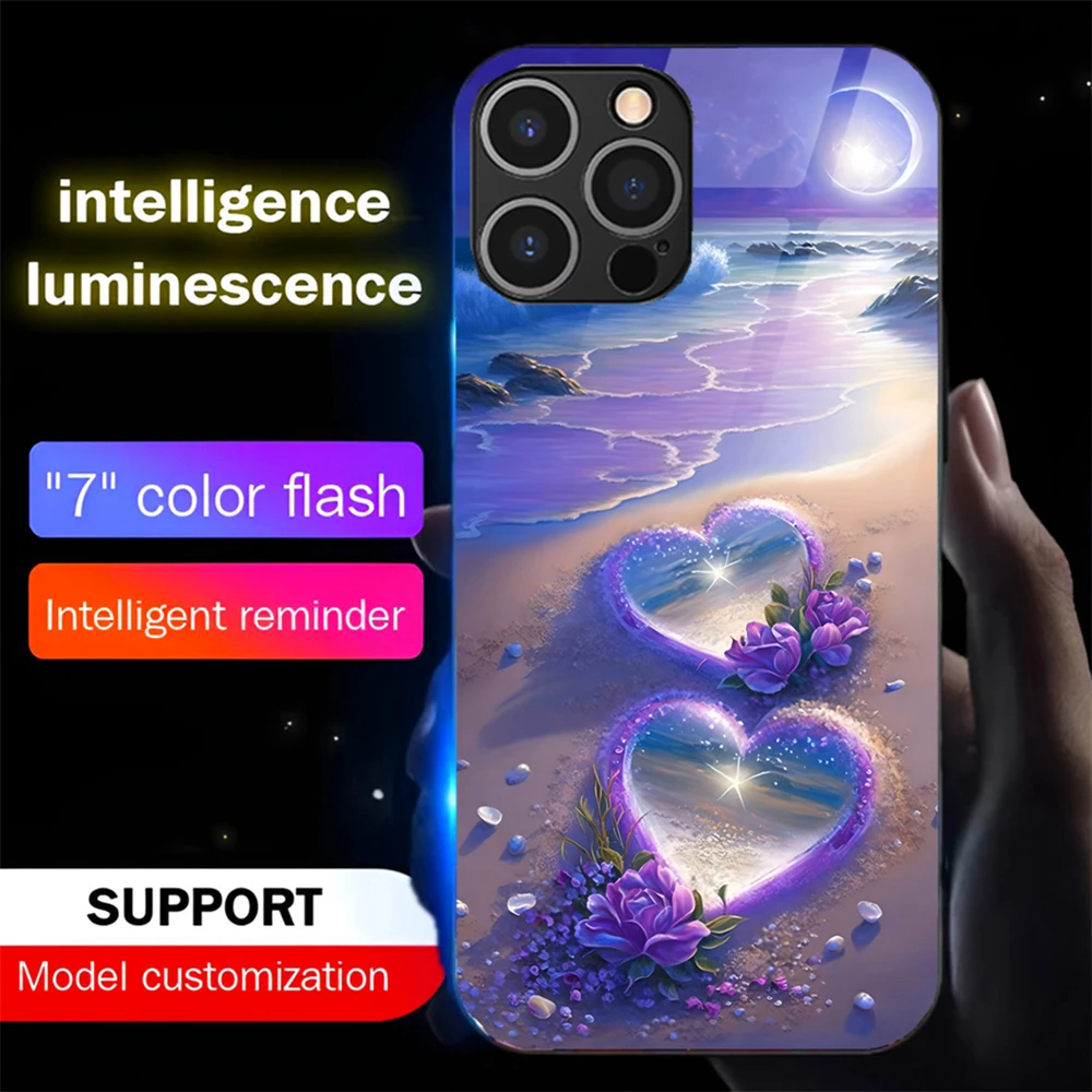 

Pretty Galaxy Beach LED Light Glow Luminous Tempered Glass Back Phone Case For Samsung S26 S25 S24 S23 S22 S21 S20 FE Plus Ultra
