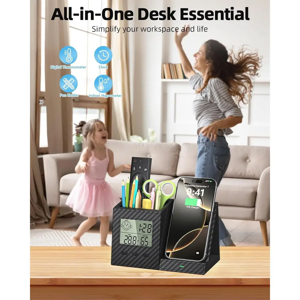 Wireless Charging Desk Organizer with Digital Thermometer, Humidity Monitor, and Storage for Home Office
