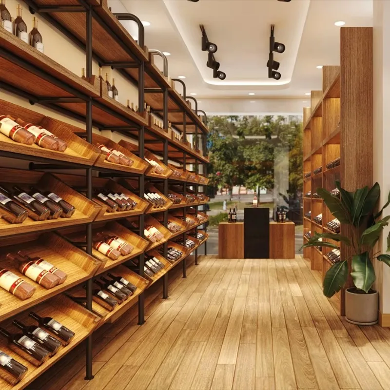 

Customized Wooden Wine Store Interior Decoration Wine Display Cabinet Shelving Wine Shelf Display Liquor Store