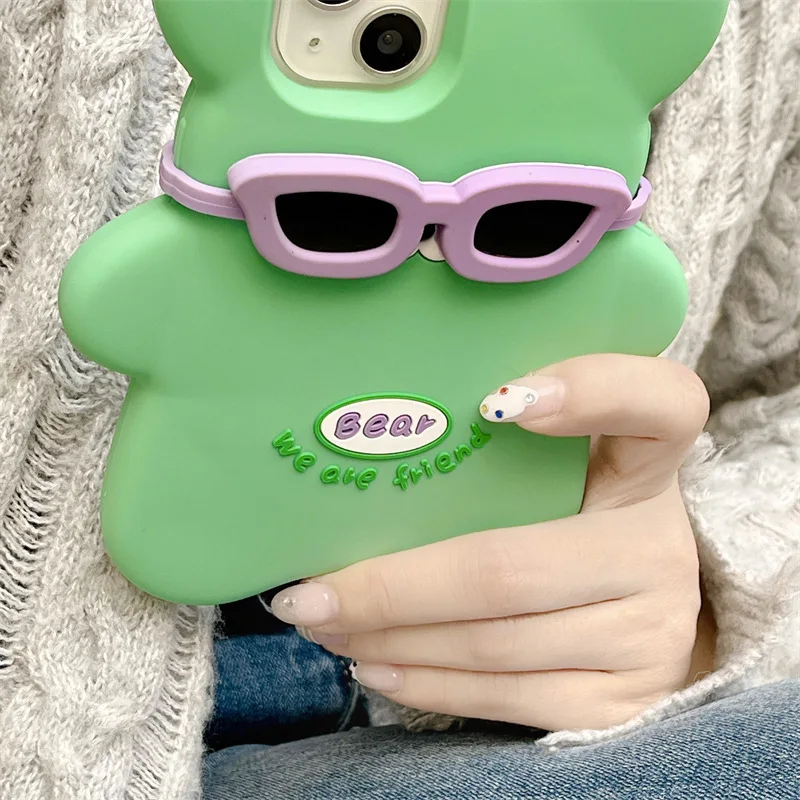 Funny And Cute 3d Sunglasses Little Bear Liquid Silicone Shockproof Fall Prevention Phone Case For Iphone11/12/13/14pro/Max Case