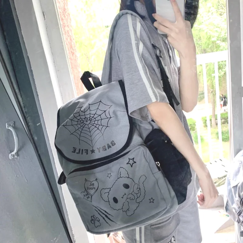 Goth Harajuku Spider Web Animal Print Canvas Backpack Y2k Japanese Style Large Capacity Travel Backpack Women Men Aesthetic Bags