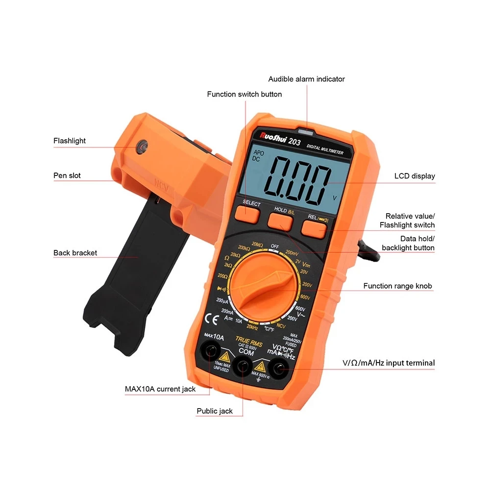 RuoShui 20 Series Digital Multimeter Frequency True RMS Auto Range AC/DC Voltage Tester Continuity Flash Back Light Multimetro