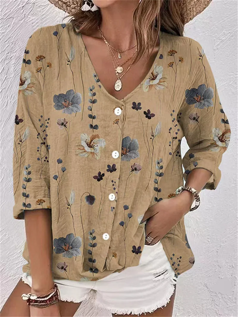 Women New Loose V Neck Shirt Elegant Print Single-breasted Cardigan Blouse Female Spring Autumn Casual Commuter Long Sleeve Tops