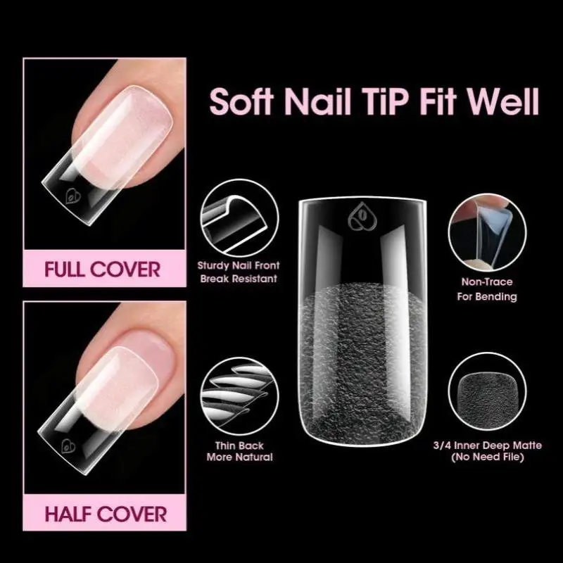 64Pcs Short Almond Soft Gel X Nail Tips Full Cover Frosted Matte Fake Nails