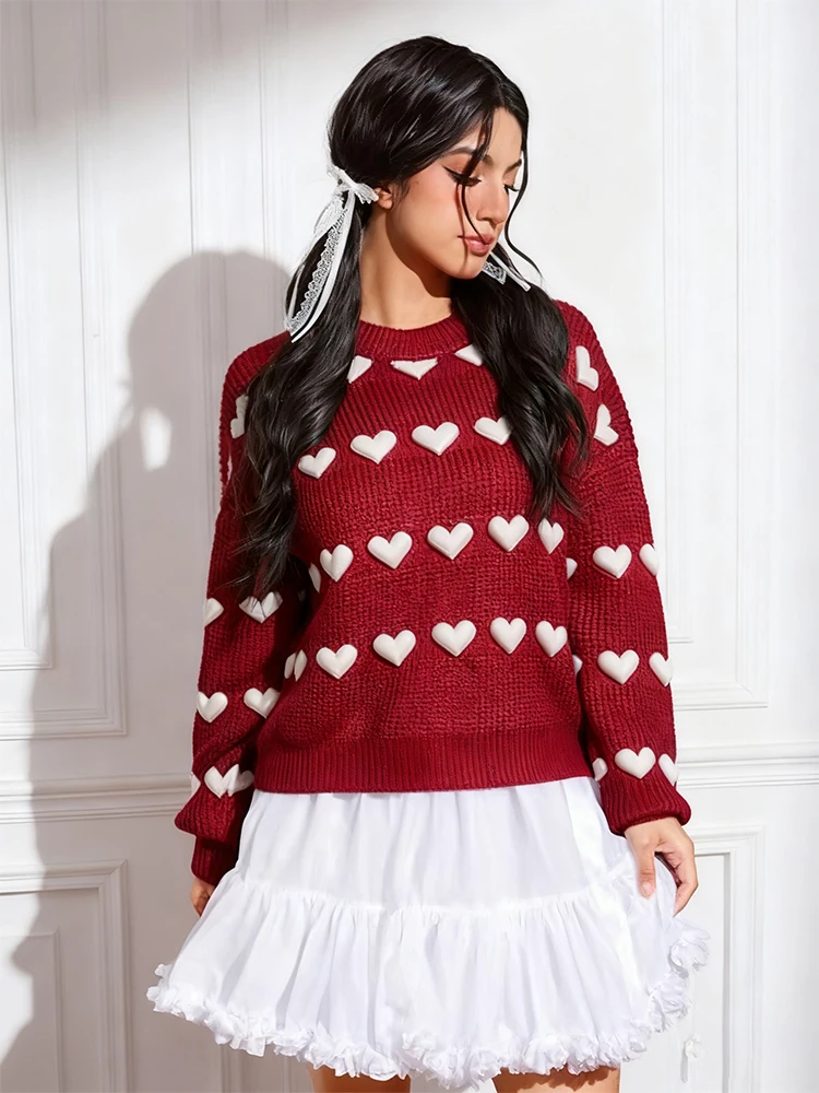 

Женский вязаный пуловер с узором в виде сердца, повседневный вязаный пуловер с круглым вырезом и длинными рукавами, осень/зима, новые поступления, идеально подходят для Дня святого Валентина