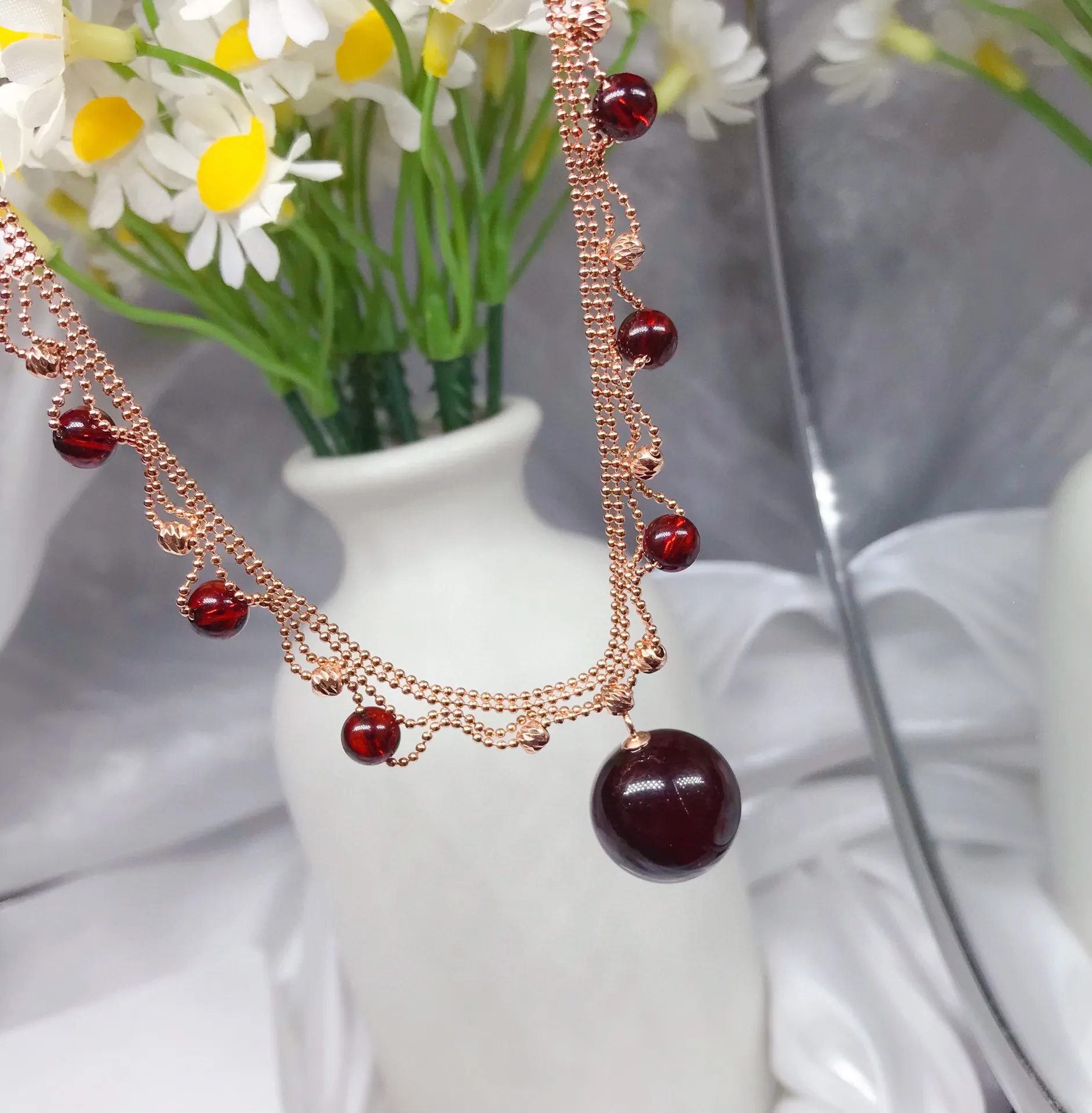 Natural Blood Amber Pendant 15mm Solid Silver Vintage Filigree Braided Design Royal Style Jewelry Gift for Women