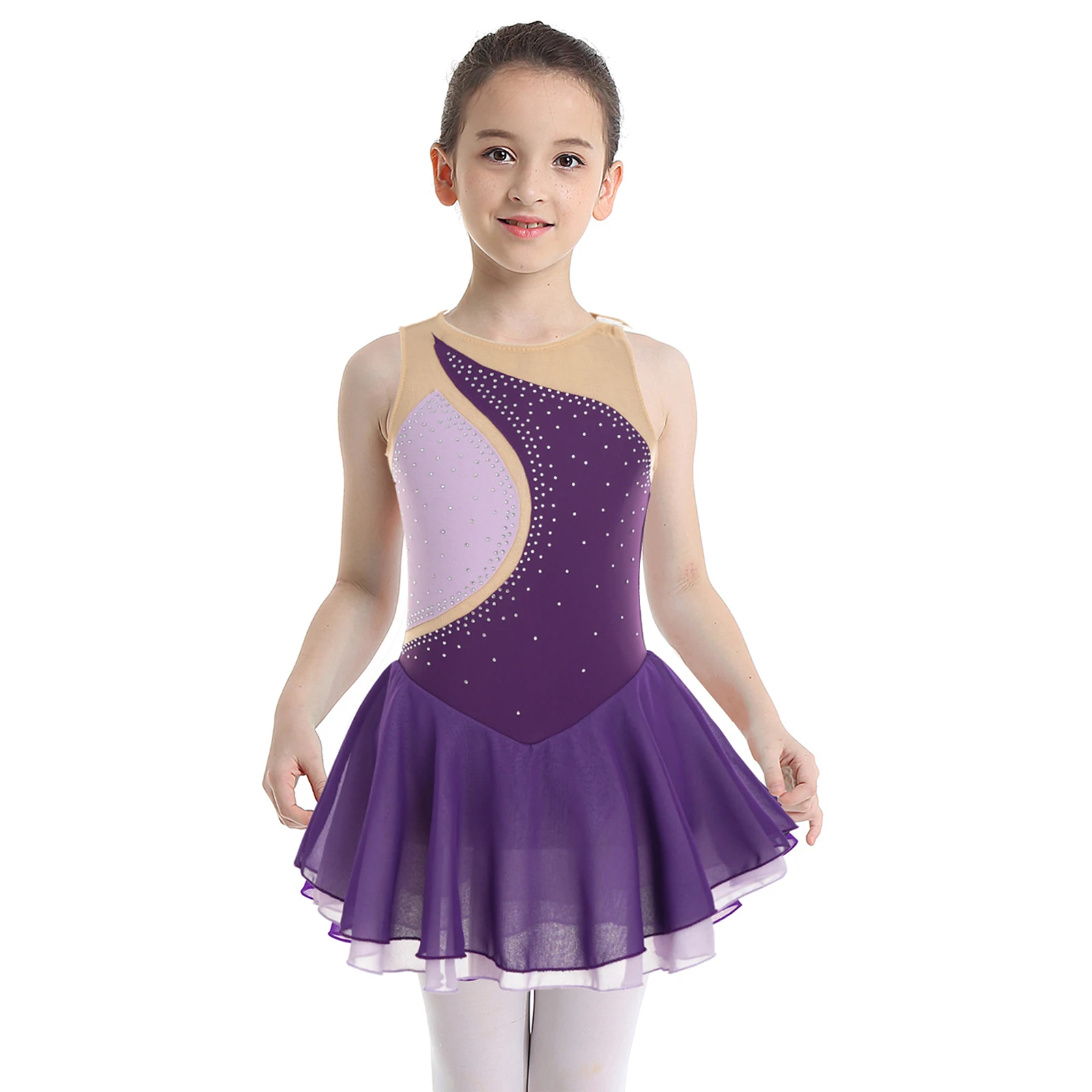 Children Girls Figure Skating Dance Dress Ballet Gymnastics Acrobatics Costume Sleeveless Rhinestone Sheer Mesh Leotard Tutu