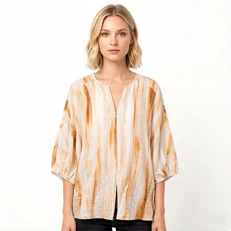 78% Mulberry Silk 22% Spandex Dry Silk Beige Gradient Printed Half Sleeve Women Casual Shirt Top Pullover T-shirt Summer M1634