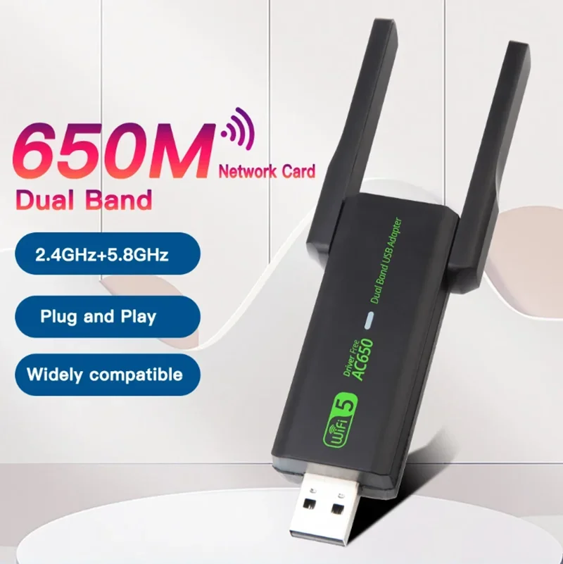 WiFi USB AC650 อะแดปเตอร์ Dual Band ไร้สาย USB2.0 การ์ดเครือข่าย Hot Spot Wi-Fi สําหรับ PC/แล็ปท็อปสําหรับ Win7/10/11 ไดร์เวอร์ฟรี