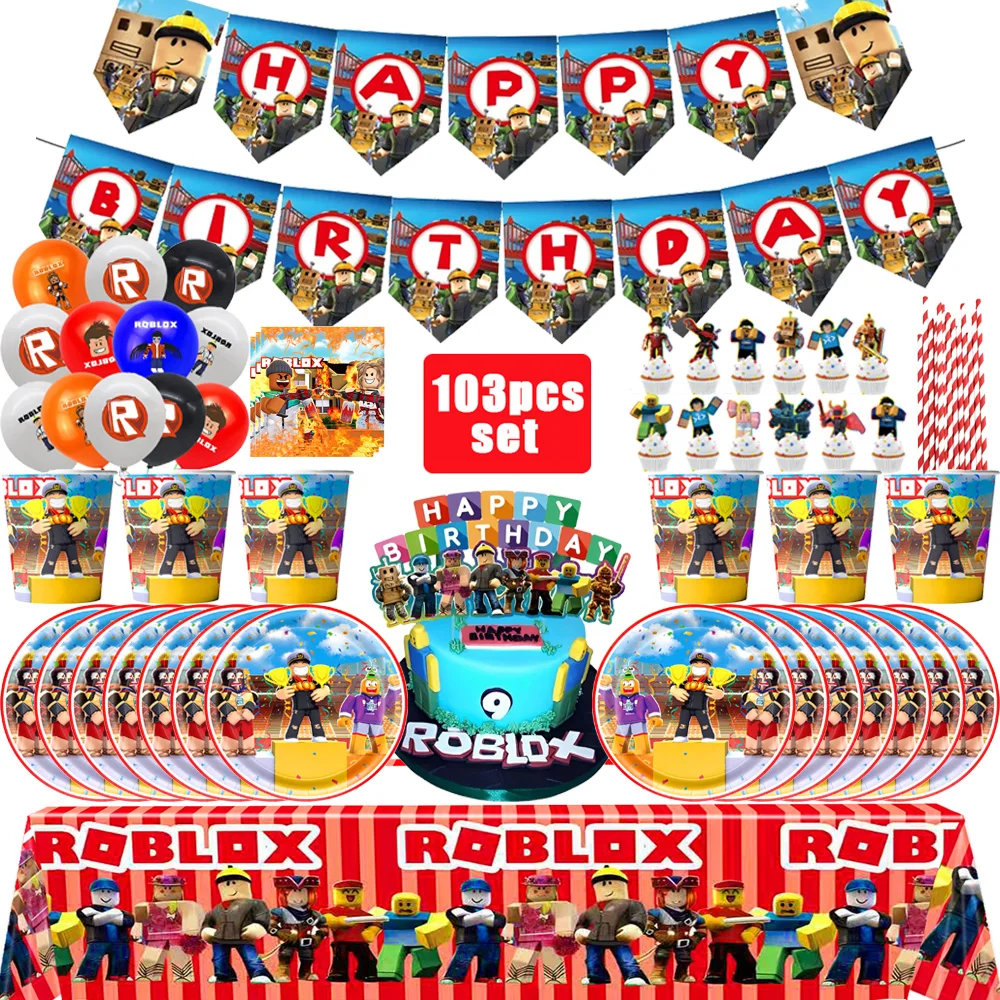 Roblox Birthday Party Decor Set Game Tableware Gift Bag Tablecloth Balloon Cake Topper Backdrop Baby Showe Roblox Party Supplies
