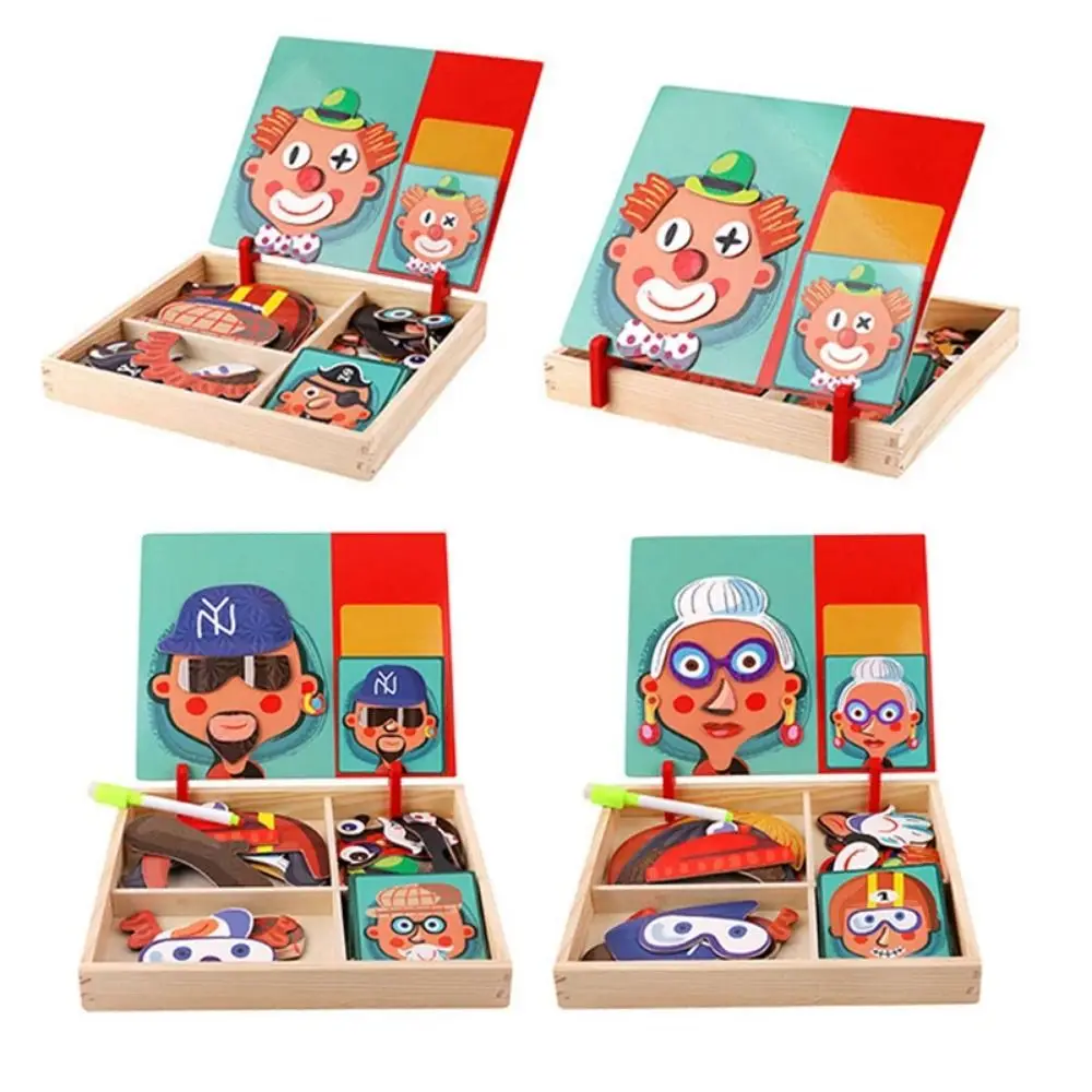 Wood Magnetic 3D Puzzles Reusable Educational Kids Drawing Whiteboard 2 Holders with Lid Wooden Puzzles Magnet Book Kids