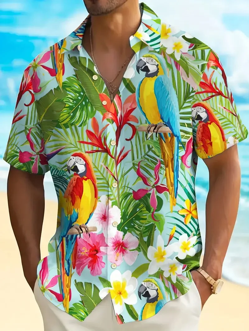Men's Vibrant Parrot Tropical Floral Print Hawaii Shirts Casual Short Sleeve Button Up Beach Shirt For Men Summer Vacations