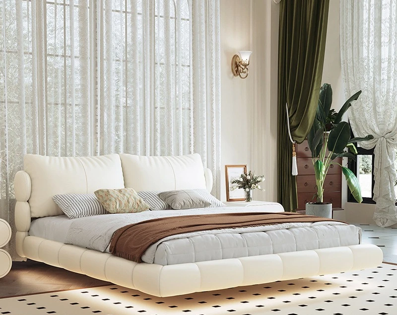 French cream wind leather master bedroom high-end atmospheric storage suspension bed with lamp