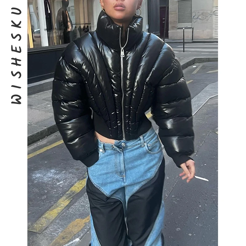 Women Cotton Padded Warm Cropped Jackets Fashion Stand Collar Long Sleeve Casual Coats 2023 Fall Winter Birthday Luxury Clothes