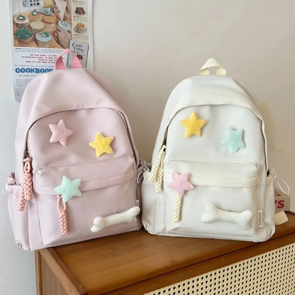 Canvas Star Backpack Zippered Closure Multi-Compartment School Bag Large Capacity Adjustable Straps Casual Backpack Girls