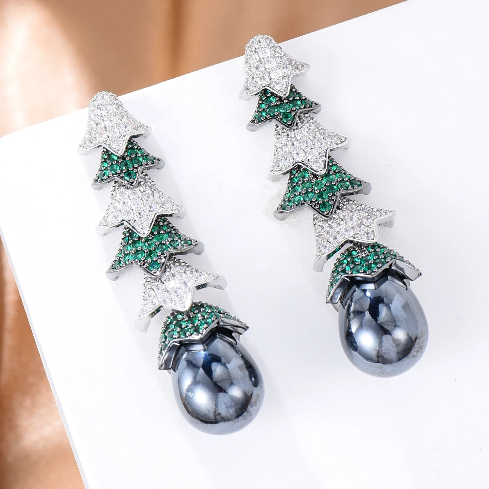 

Jimbora Gorgeous Christmas Tree Pearl Drop Earrings Full Cubic Zirconia Shiny Cute CZ for Women Wedding Trendy Earrings Bijoux