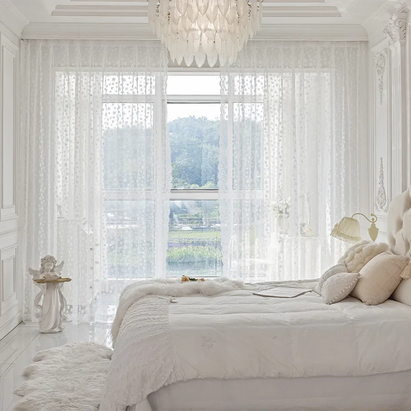 Four-leaf Clover Jacquard White Tulle Curtains for Living Dining Room Bedroom Translucent Balcony Bay Window White Screen