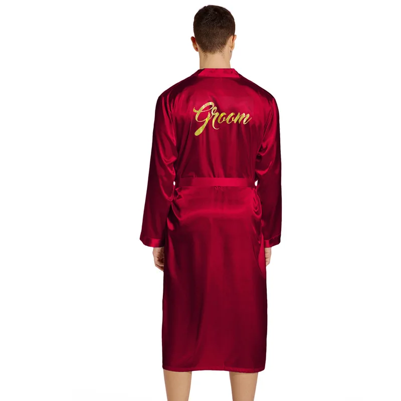 Groom Wedding Robe with Pocket Bronzing on The Back Satin Silk Bathrobe for Men Wedding Party Sleepwear Kimono Robe T145