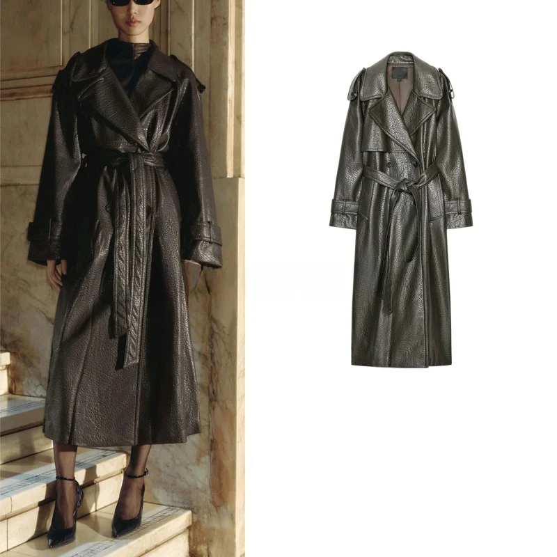 

Autumn Winter New Arrival Women's Long Sve PU Leather Effect Coat Knot Belted Lapel Outerwear Commute Sle Loos...