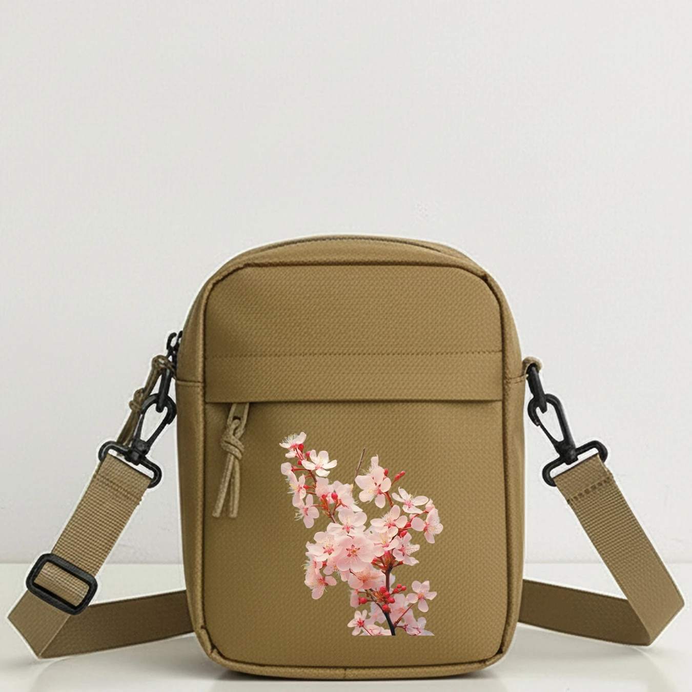 Mini Shoulder Bag with Sakura Realistic Floral Print, Removable Strap, Zipper Closure, Ideal for Daily Use, School, Cycling,