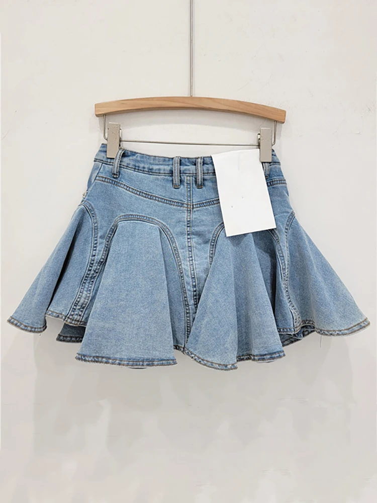 DEAT Women Denim Skirts High Waist Patchwork Ruffles Edge Zipper Solid Color A-line Mini Skirts 2024 Autumn New Fashion 11A0198