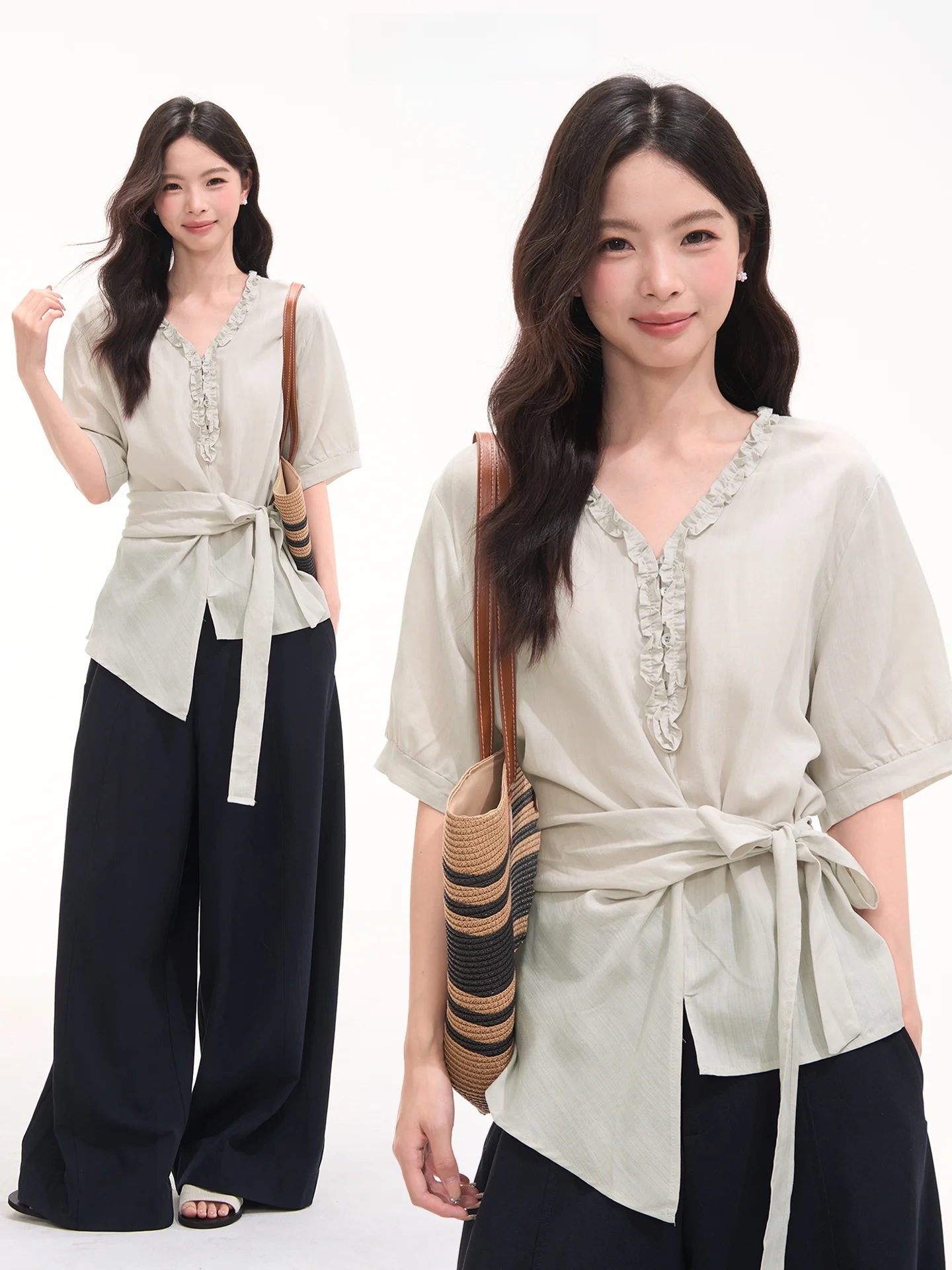 

Летняя блузка в корейском стиле с V-образным вырезом, кружевной отделкой, завязками на талии, коротким рукавом, цветочным принтом и свободным кроем из волокна Rasee.