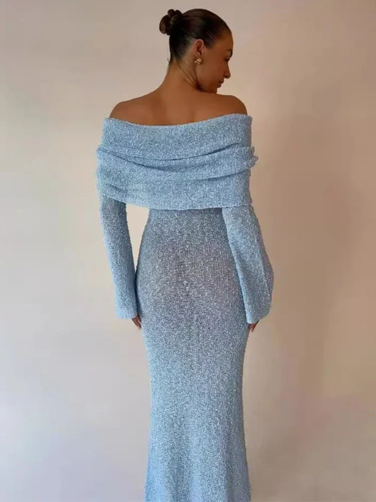 Sexy Doorzichtige Gebreide Off-Shoulder Slanke Strand Maxi-Jurk 2024 Zomerbadpak Bedekken Vrouwen Feestjurken Vakantie-Outfit A2840