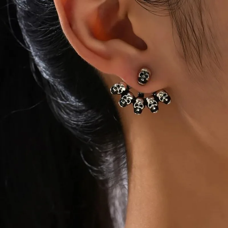 

Gothic Punk Skull Earrings for Women Silver Color Vintage Skeleton Back Front Earring Halloween Festival Jewelry Accessories