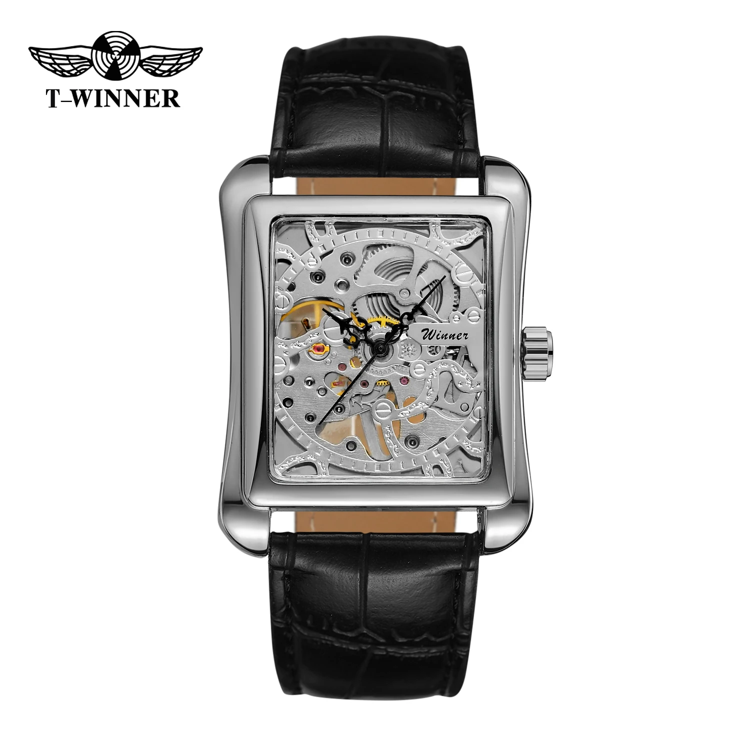 Luxury Brand New Retro Casual Series Rectangle Dial Design Silver Pattern Hollow Skeleton Mechanical Hand Wind Watch Mens Watch