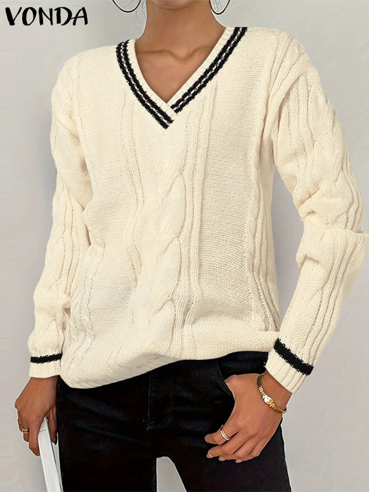 

Свитера с v-образным вырезом, женская одежда, вязаные топы с длинными рукавами, пуловеры VONDA, осень-весна 2023, большие топы OL Wrok, джемпер