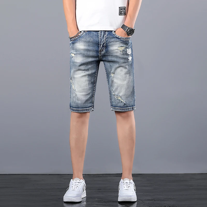 

Men's blue denim shorts for the summer of 2024 ripped straight Scratched skinny Casual short jeans for men