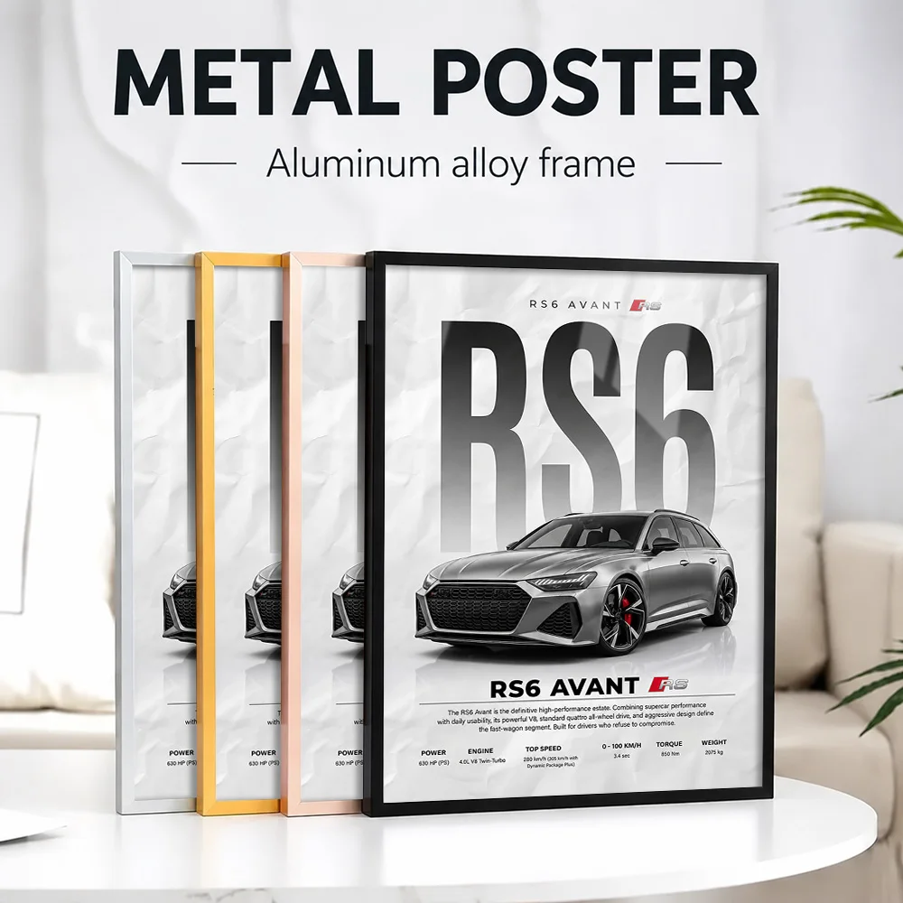 A Sleek Silver Germany Rs6 Avant Car Metal Poster With Aluminum Alloy Frame Customized Photo Dynamic Style Wall Art For Garage