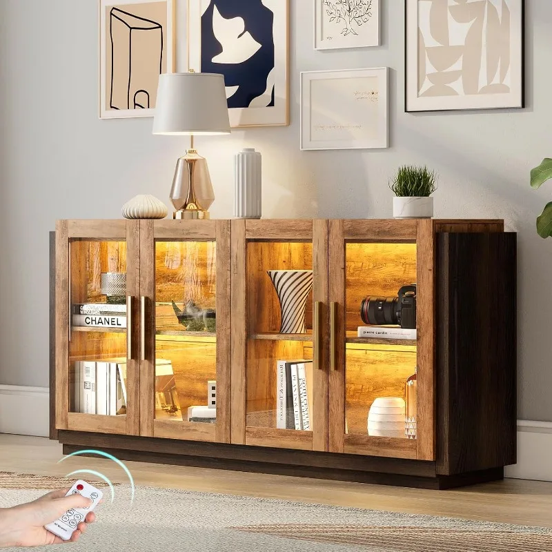 AMERLIFE Aparador Buffet, Gabinete decorativo de colores mezclados con luces LED, Gabinete de almacenamiento moderno con puertas de vidrio con ajustable