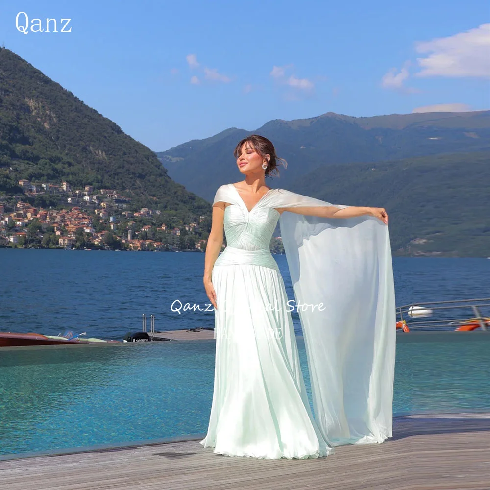 

Qanz пляжные мятно-зеленые вечерние платья шифоновые длинные платья с короткими рукавами Vestidos Para Eventos специальные вечерние платья с открытой спиной по индивидуальному заказу