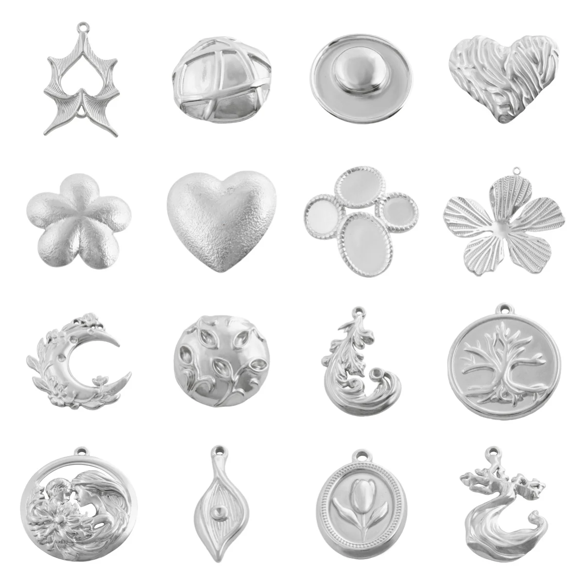 5pcs Different Style Charm Stainless Steel Pendant Texture Folds Flower Maple Leaf Moon Punk Pendant Diy Necklace Keychains Make