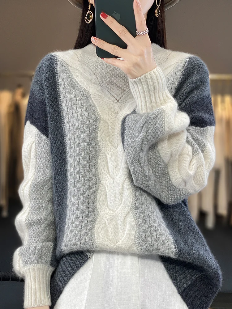 

New Chic Women Winter Sweater Thick O-neck Pullover Twist Flower 100% Merino Wool Korean Fashion Female Cashmere Knitwear Tops