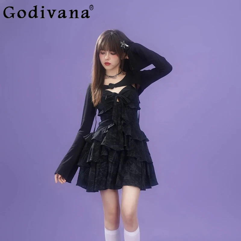

Hollow Sexy V-neck Printed Chiffon High Waist Irregular Suspender Dress Summer Girl Sweet Black Age Reduction Princess Dresses