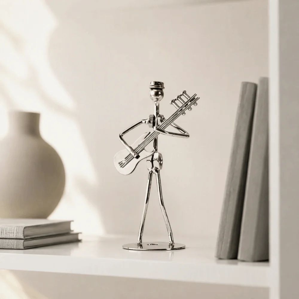 Iron Materia Metal Musician Sculpture Electroplated Finish Silver Electric Guitar Player Statue Desktop Size Musician Man Decor
