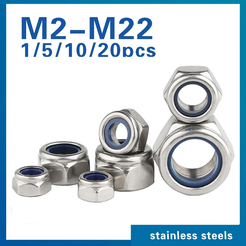 1/ 5/ 10/ 20pcs M2 M2.5 M3 M4 M5 M6 M8 M10 M12 M14 M16 M18 M20 M22 304 Stainless Steel Nylon Self-lock Hex Nuts Locknut DIN985