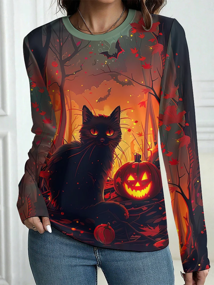 Autumn Long Sleeve Women's T-shirt Fashion Casual Long T-shirt Tops Halloween Spooky Ghost Printing OverSize Women's Clothing