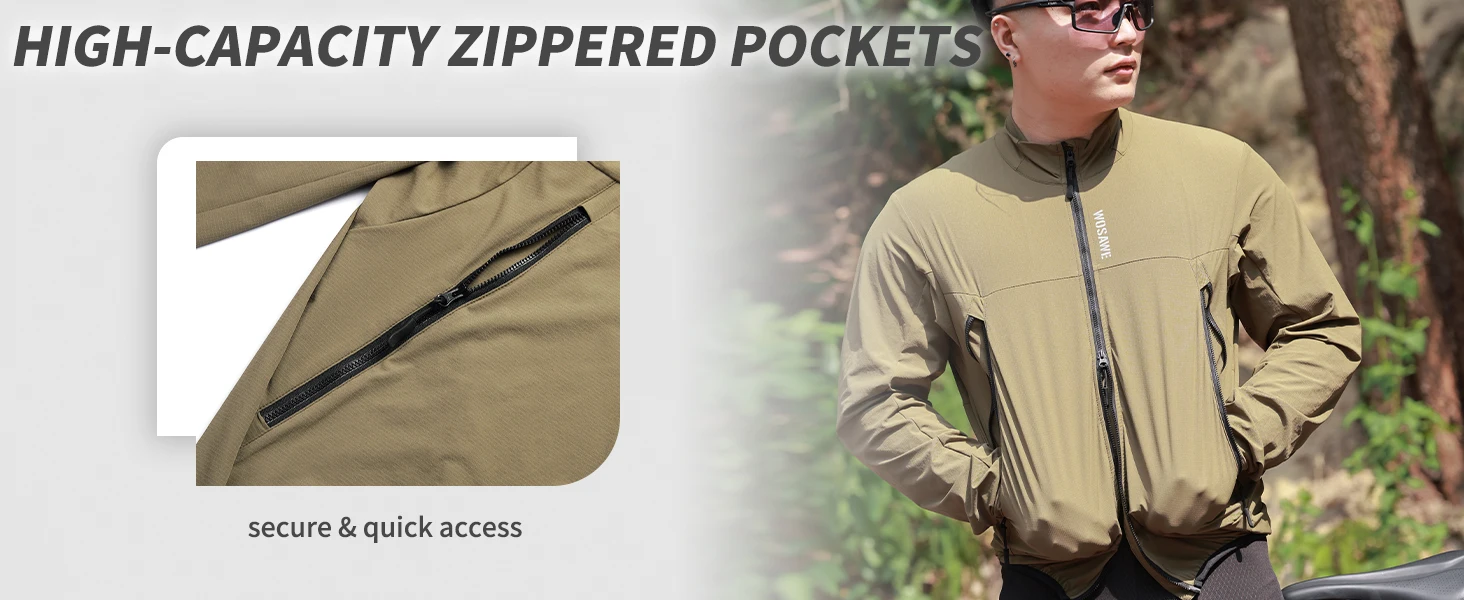 WOSAWE Herren Fahrradjacke Leichte Fahrrad-Windjacke mit Taschen Schnelltrocknende Reflektierende Streifen MTB-Bekleidung – Detail 7