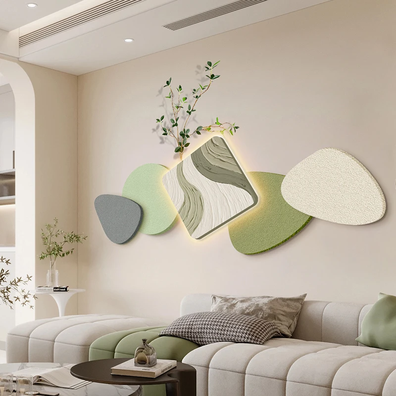 The LED Clock Is Used to Display the 2025 New Model of Living Room Decorative Paintings in a Green Cream Style, Sofa Background