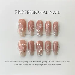 10Pcs Handmade  French Nails Set Press On  Flower Diamond Decoration Fake Nails Full Cover Removable Manicuree  XS S M L Size